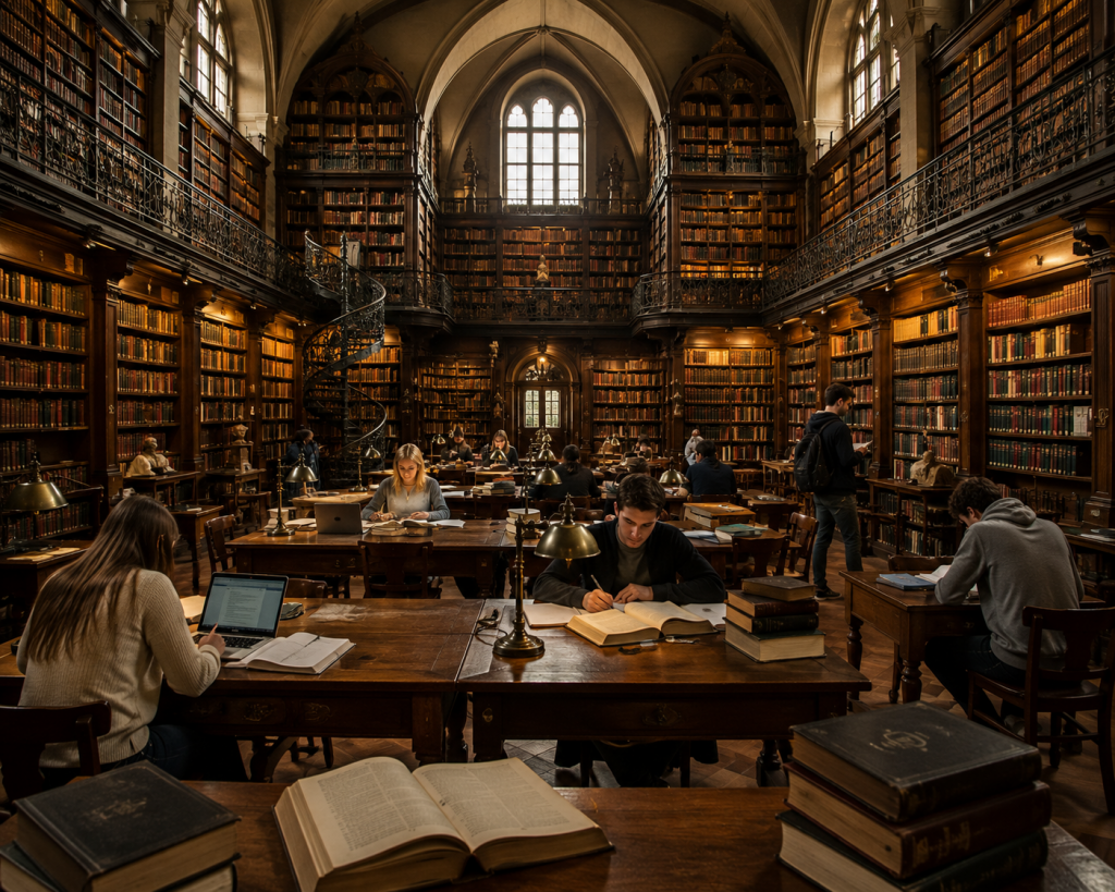 Große historische Bibliothek mit Studierenden bei der Literaturrecherche und wissenschaftlichen Arbeit.