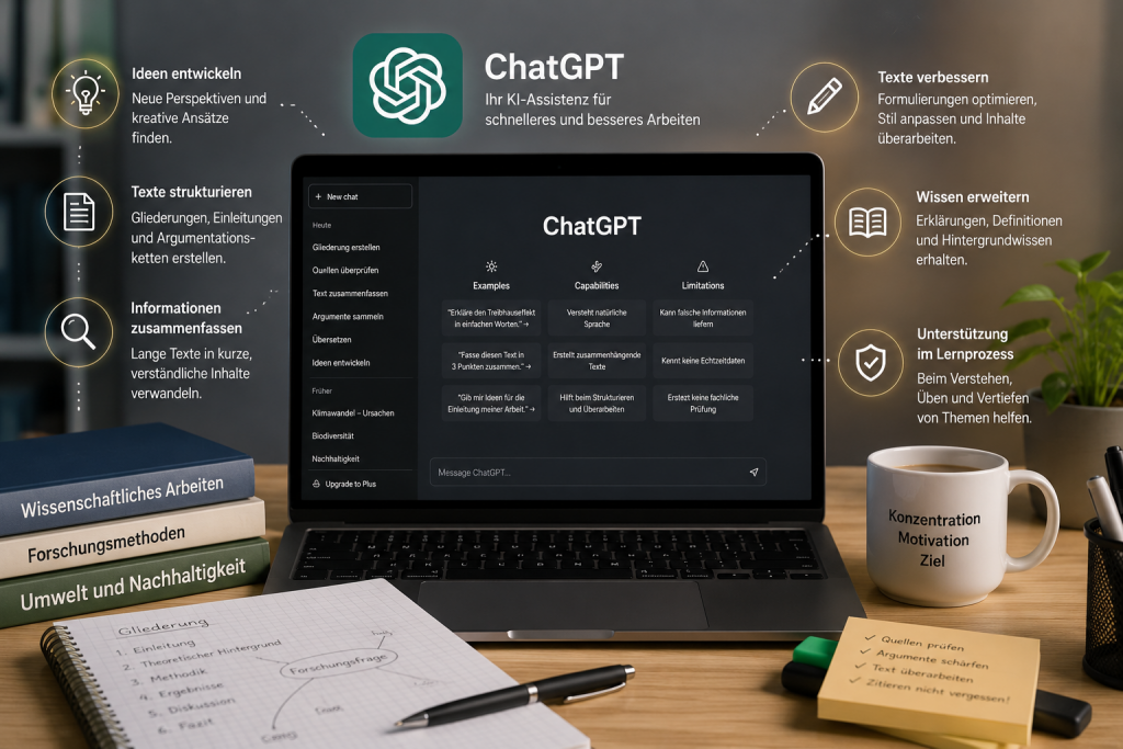 ChatGPT als KI-Tool zur Unterstützung bei Recherche, Textstrukturierung und dem wissenschaftlichen Schreibprozess.