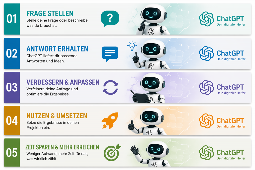 Schritt-für-Schritt-Anleitung zur erfolgreichen Nutzung von ChatGPT von der Frage bis zum fertigen Ergebnis.