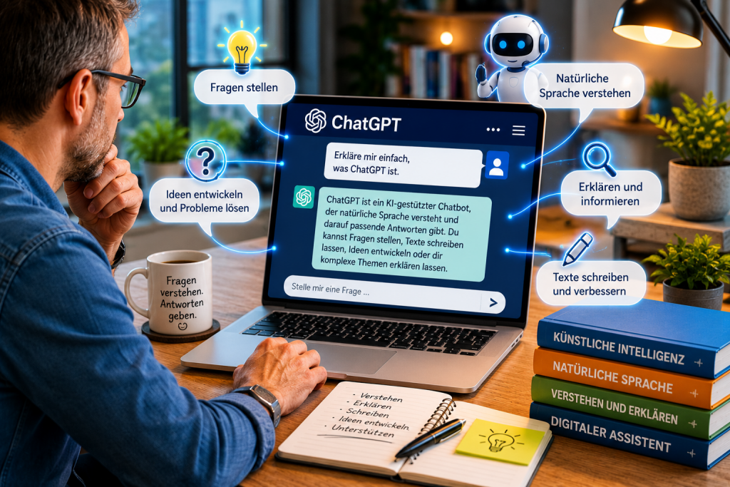 Übersicht moderner ChatGPT-Funktionen wie Textverarbeitung, Dokumentenanalyse, Bildauswertung und Programmierhilfe.