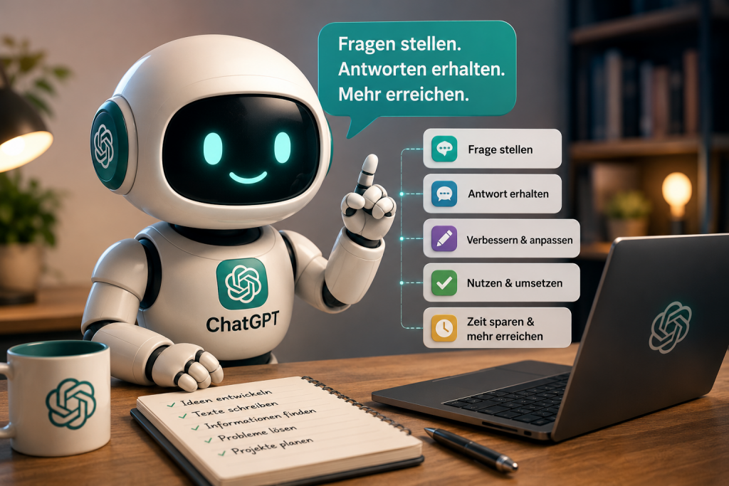 ChatGPT-Maskottchen am Schreibtisch erklärt die Nutzung künstlicher Intelligenz für Alltag, Studium und Beruf.