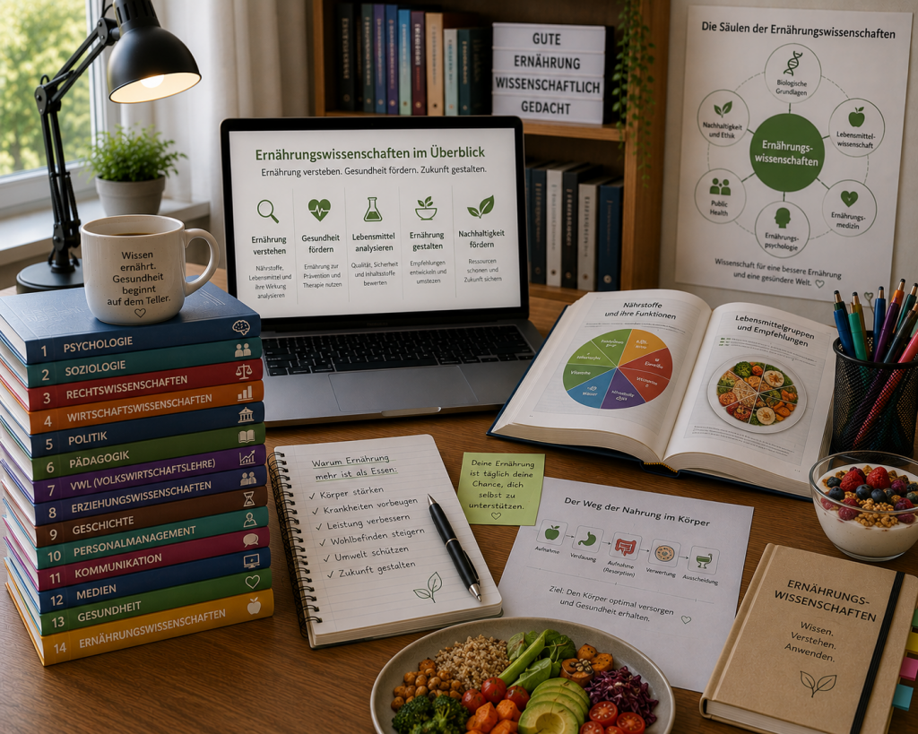 Arbeitsplatz mit Fachliteratur und Materialien aus den Ernährungswissenschaften.