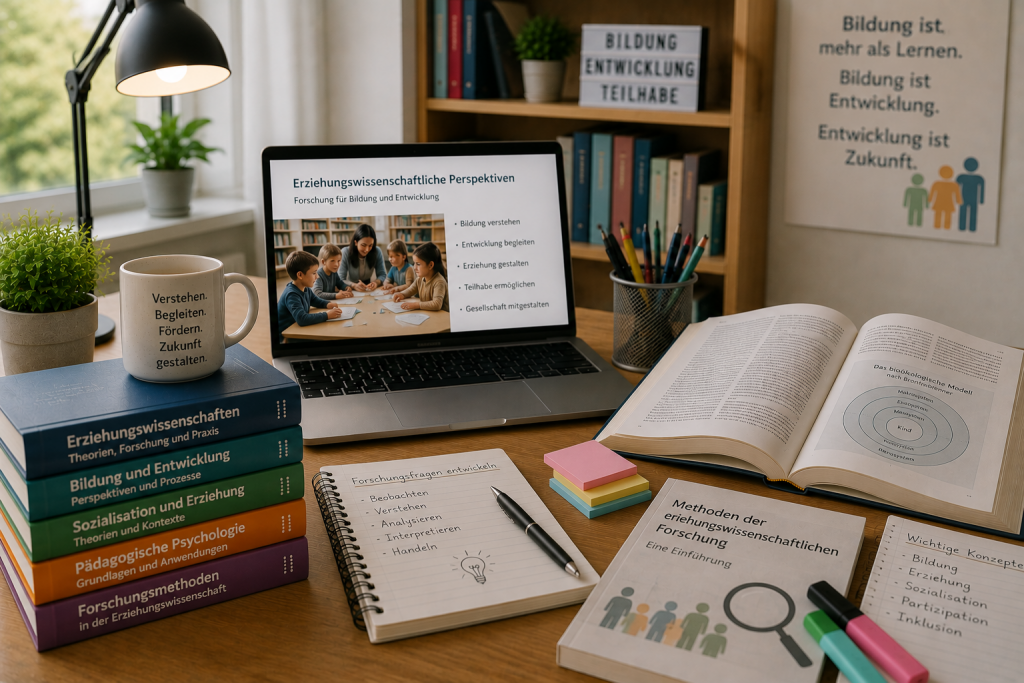 Arbeitsplatz mit Fachliteratur zu Bildung, Entwicklung und Erziehungswissenschaften.