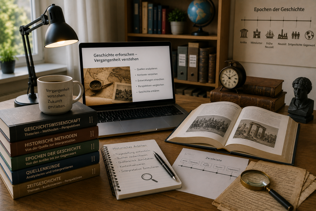 Historisch geprägter Arbeitsplatz mit Büchern, Dokumenten und Materialien zur Geschichtsforschung.