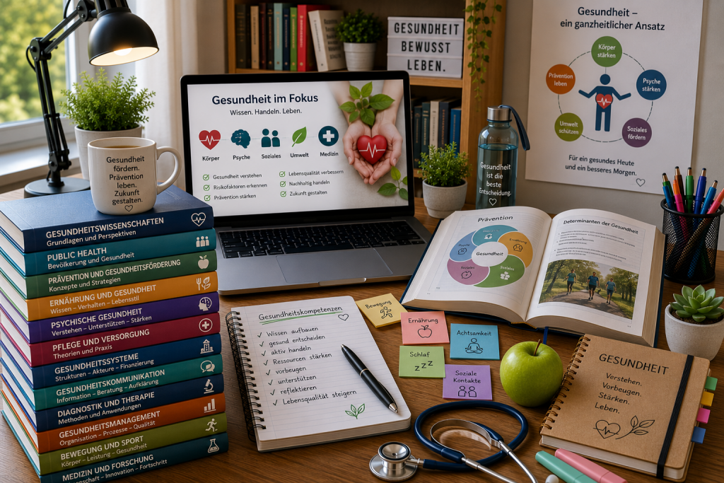 Arbeitsplatz mit Fachliteratur und Materialien zu Gesundheit, Prävention und Gesundheitsförderung.