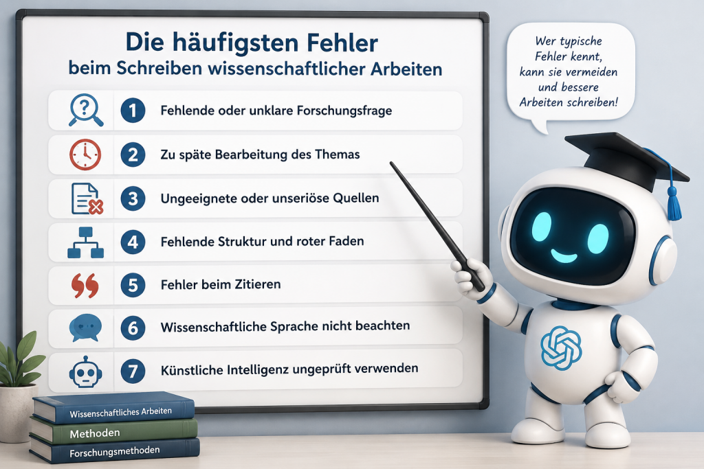 Infografik mit den häufigsten Fehlern beim Schreiben wissenschaftlicher Arbeiten.