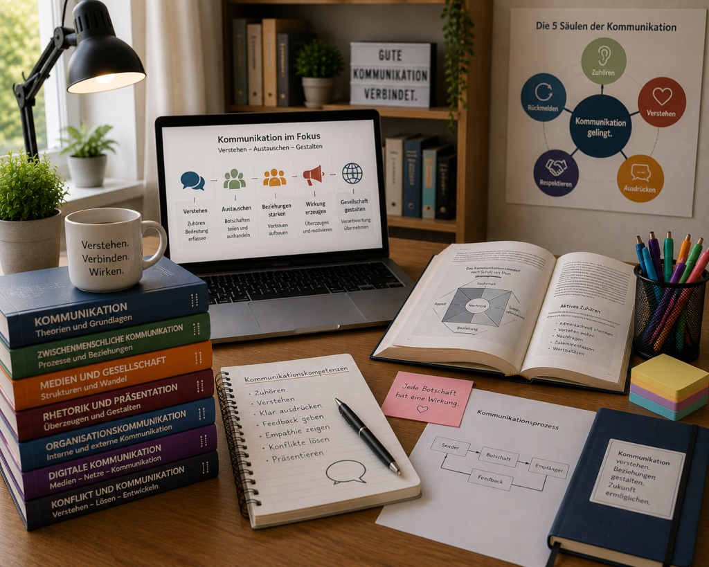 Moderner Arbeitsplatz mit Literatur und Materialien zur Kommunikation und Gesprächsführung.