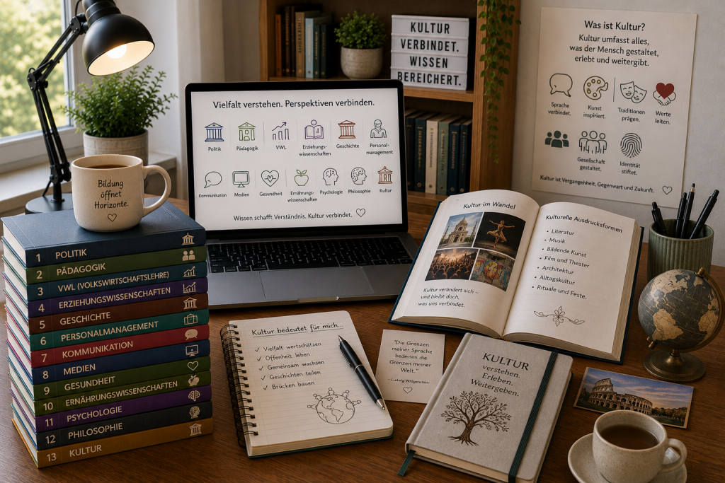 Arbeitsplatz mit Literatur und Materialien aus den Kulturwissenschaften.