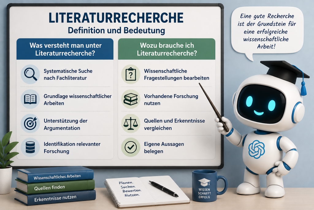 Infografik zur Definition und Bedeutung der Literaturrecherche für wissenschaftliche Arbeiten.