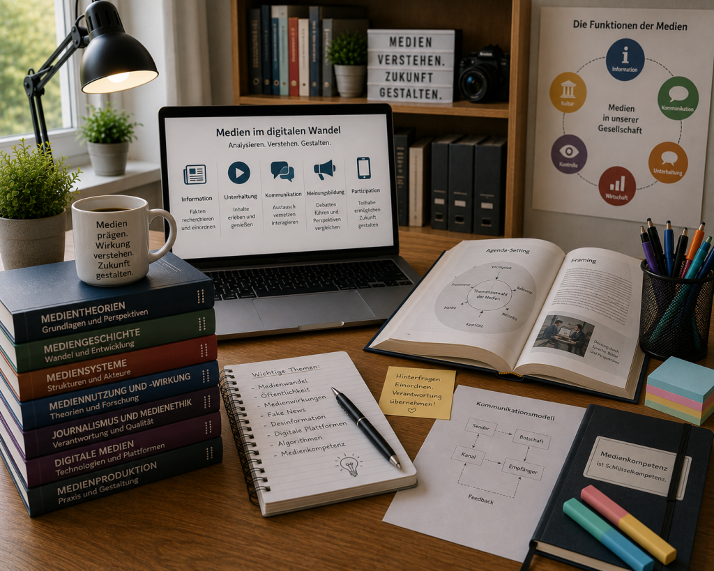 Arbeitsplatz mit digitalen Medien, Fachliteratur und Materialien der Medienwissenschaft.