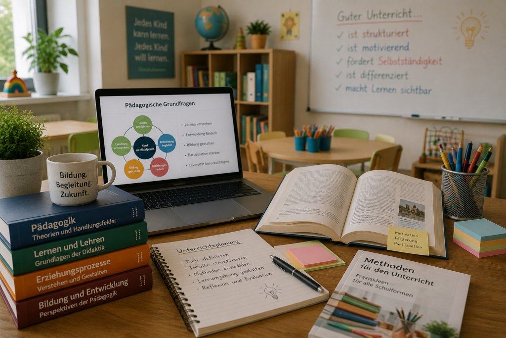 Pädagogischer Arbeitsplatz mit Lehrmaterialien, Fachliteratur und digitalen Lernmedien.