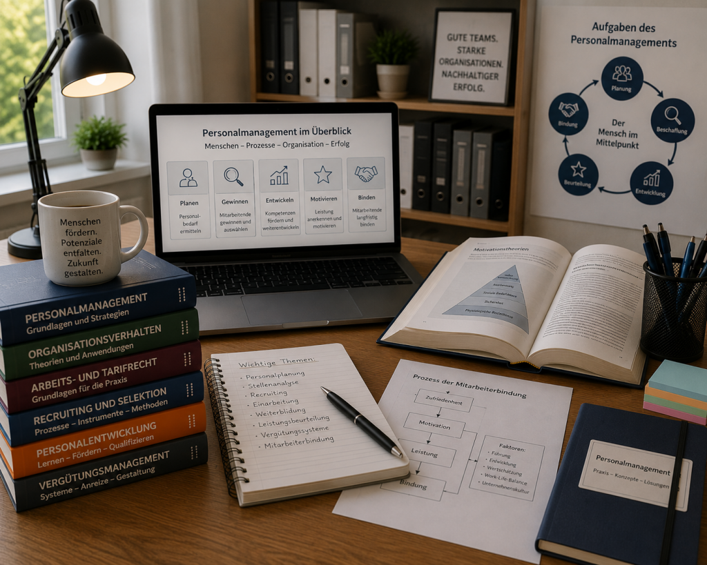 Arbeitsplatz mit Unterlagen zu Personalmanagement, Mitarbeiterführung und Organisationsentwicklung.