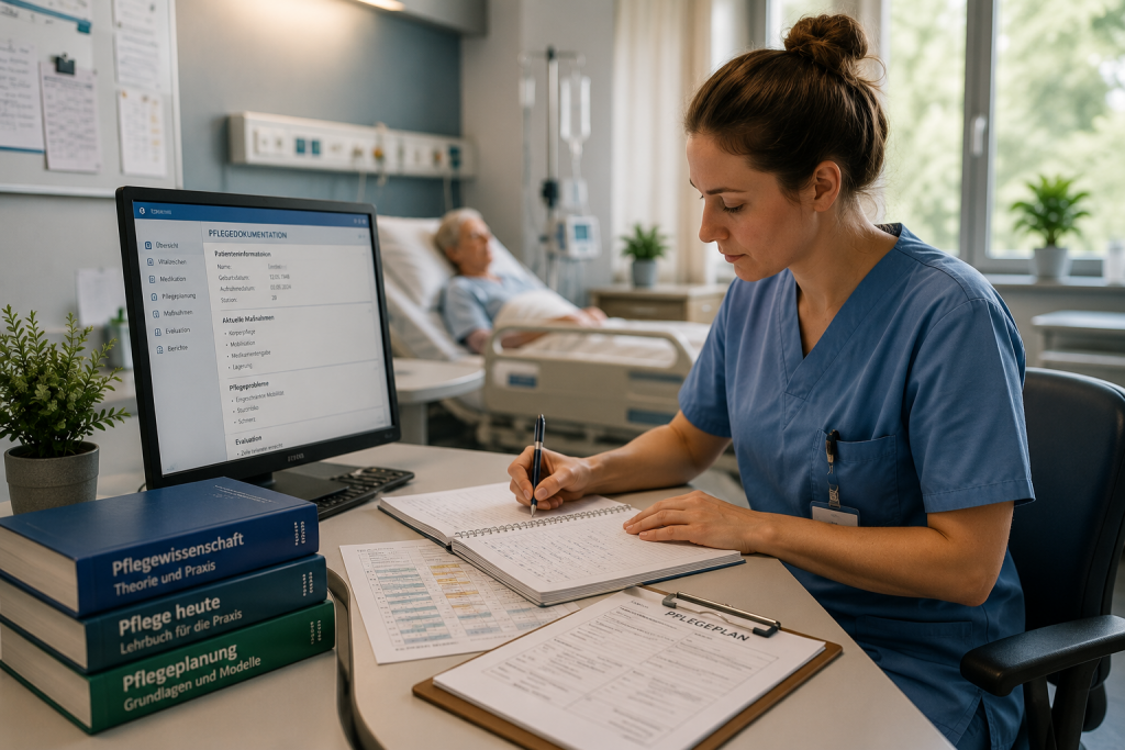 Pflegefachkraft dokumentiert pflegerische Maßnahmen an einem modernen Arbeitsplatz im Gesundheitswesen.