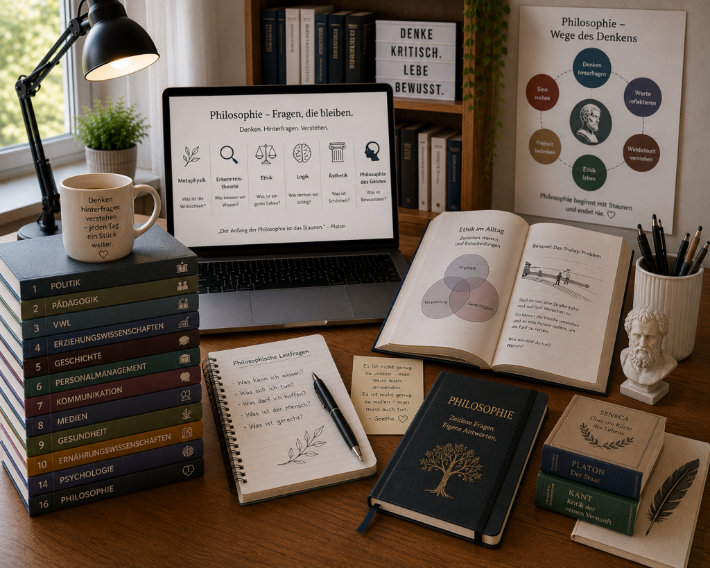 Arbeitsplatz mit philosophischen Büchern und Materialien zu Ethik, Erkenntnistheorie und Denken.