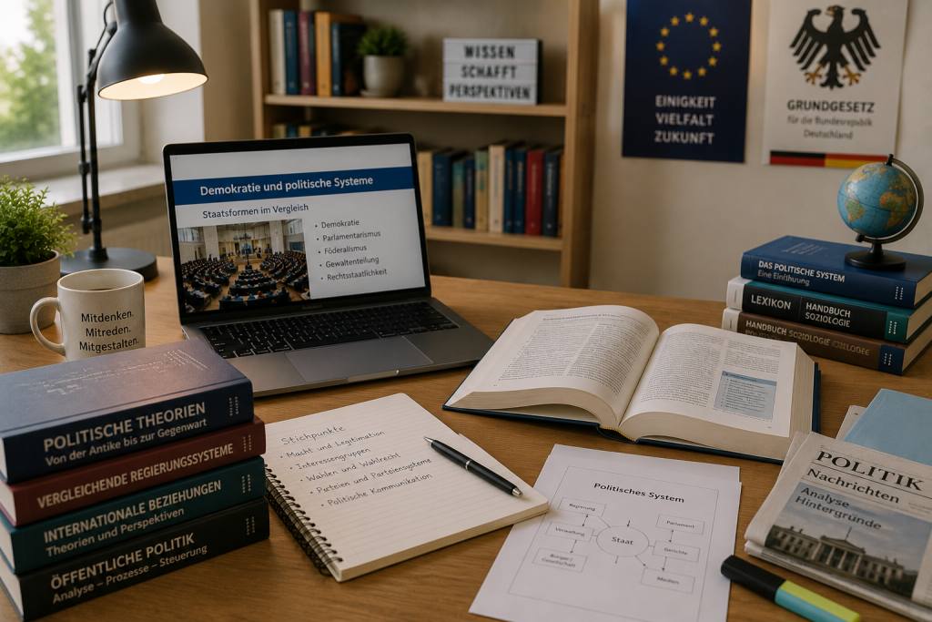 Arbeitsplatz mit Literatur und Unterlagen aus den Bereichen Politik, Demokratie und Gesellschaft.