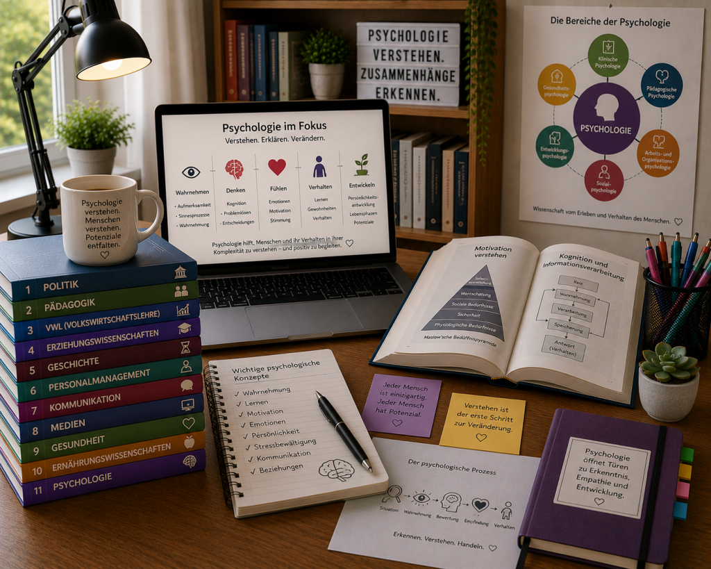 Arbeitsplatz mit psychologischer Fachliteratur und Materialien zur Erforschung menschlichen Verhaltens.