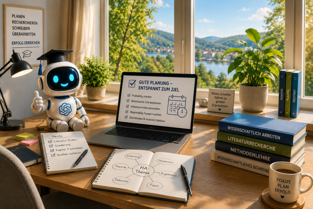 Ruhiger und gut organisierter Arbeitsplatz für wissenschaftliches Arbeiten mit Tageslicht und Pflanzen.