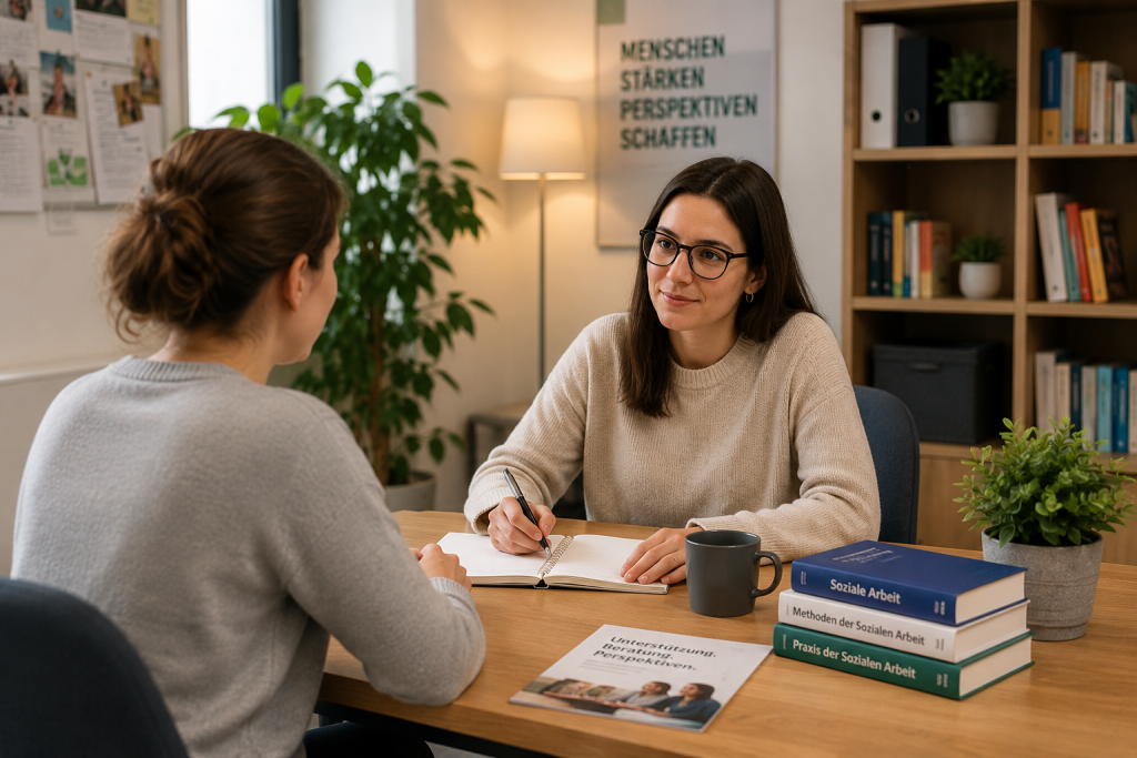 Beratungsgespräch im Bereich Soziale Arbeit mit Fokus auf Unterstützung und Hilfe in schwierigen Lebenssituationen.