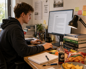 Student arbeitet am Computer an einer wissenschaftlichen Hausarbeit mit Büchern, Notizen und Lernmaterialien auf dem Schreibtisch.