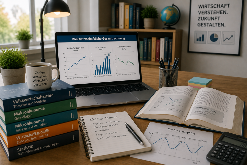 Arbeitsplatz mit volkswirtschaftlichen Statistiken, Diagrammen und wirtschaftlichen Analysen.