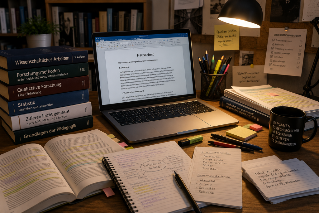 Schreibtisch mit Fachbüchern, wissenschaftlichen Quellen, Notizen und einer Hausarbeit am Computer.