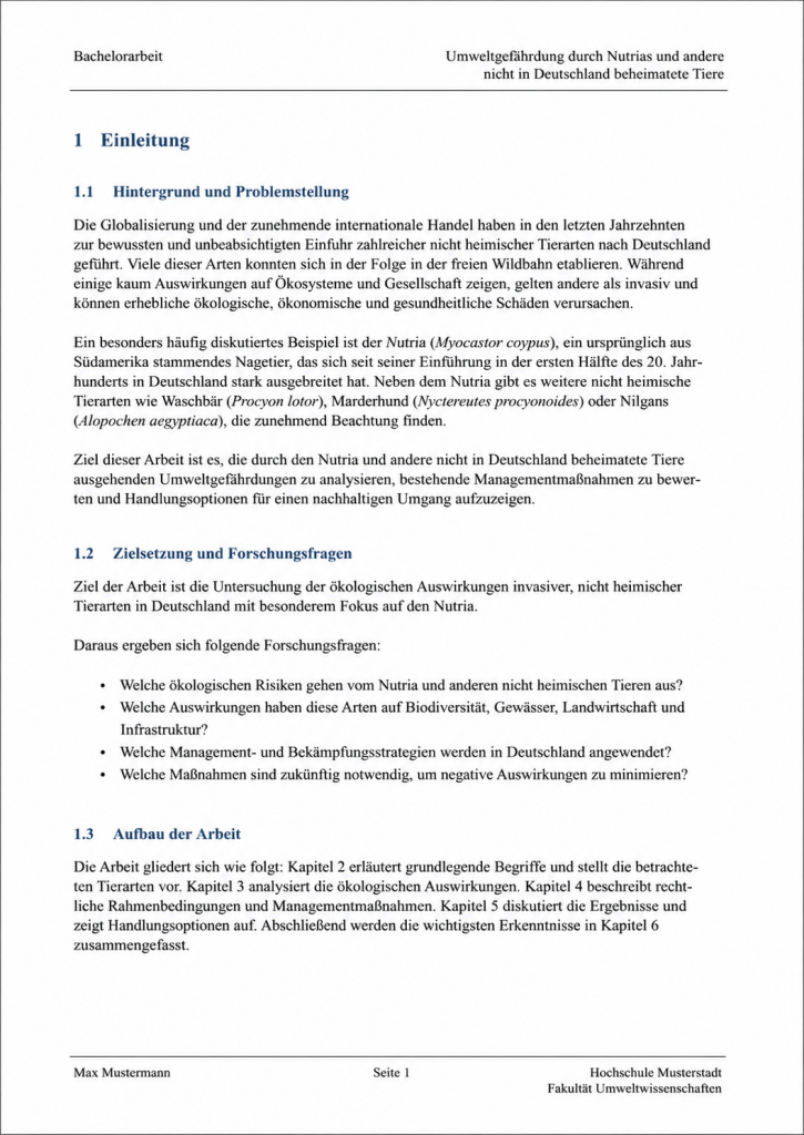 Beispielseite einer wissenschaftlichen Bachelorarbeit zum Thema Umweltgefährdung durch Nutrias und andere nicht heimische Tierarten in Deutschland.