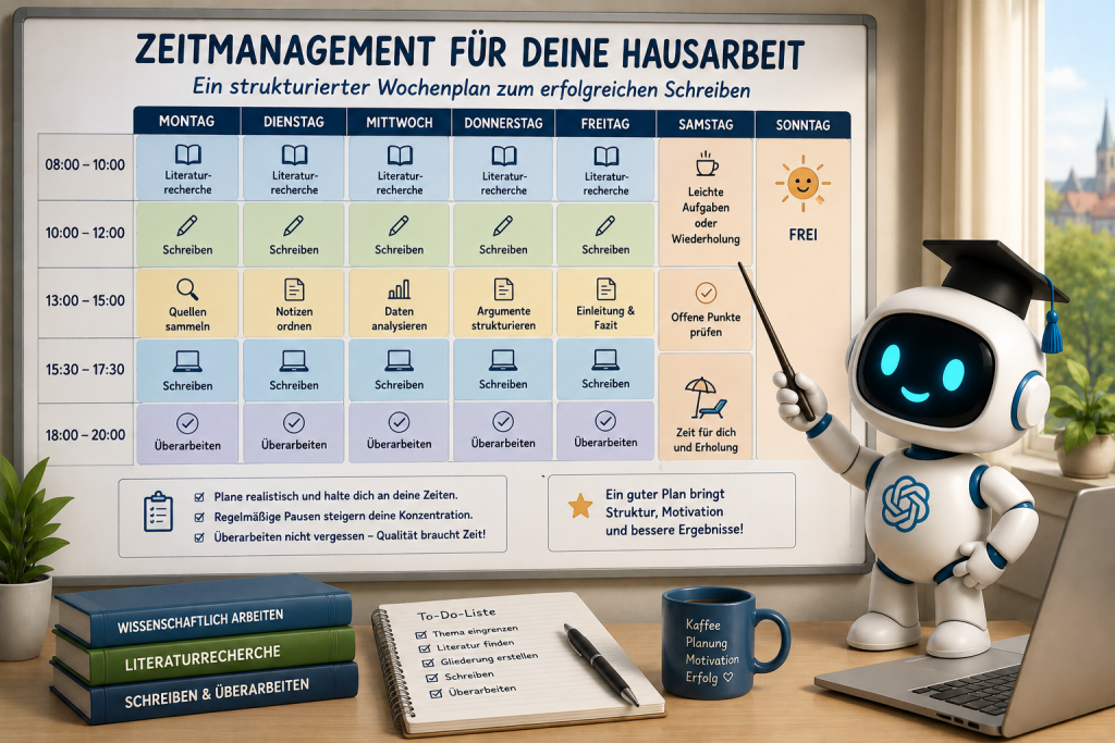 Infografik mit einem Beispiel für die zeitliche Planung einer wissenschaftlichen Hausarbeit.
