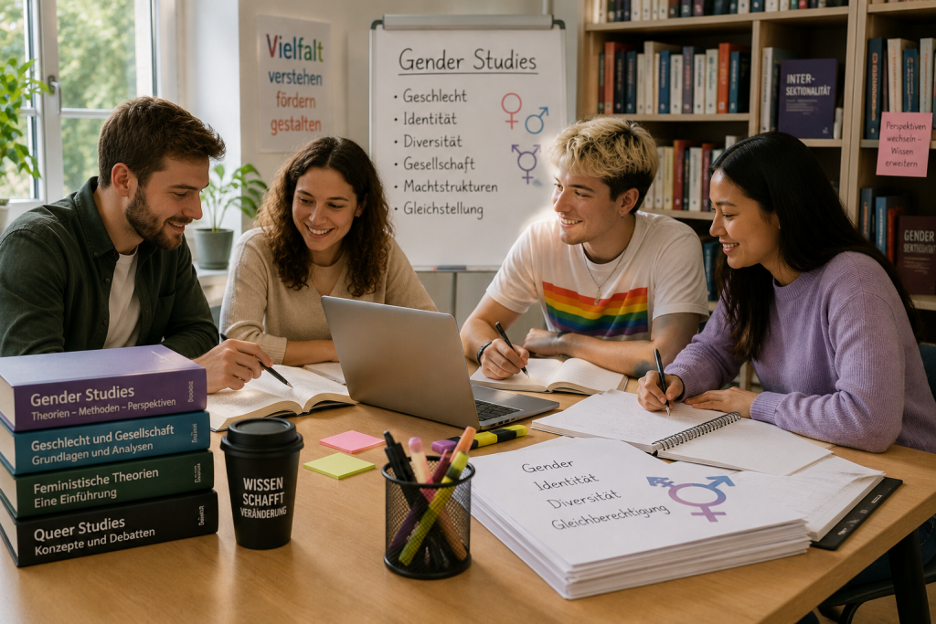 Studierende diskutieren gemeinsam Themen der Gender Studies in einer modernen Universitätsbibliothek.