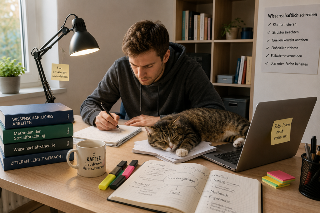 Student schreibt wissenschaftliche Arbeit am Schreibtisch mit Laptop, Fachliteratur und einer Katze.