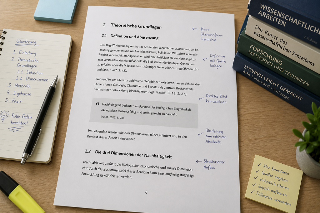 Beispiel einer wissenschaftlich aufgebauten Seite mit Überschriften, Zitaten und Quellenangaben.